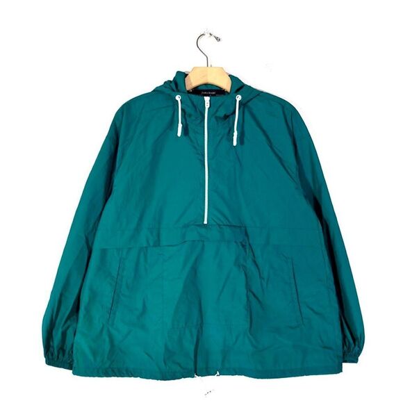 NEW Zara 90s Oversized Nylon Windbreaker Hoodie Quarter Zip Jacket in Teal Small - Picture 1 of 12
